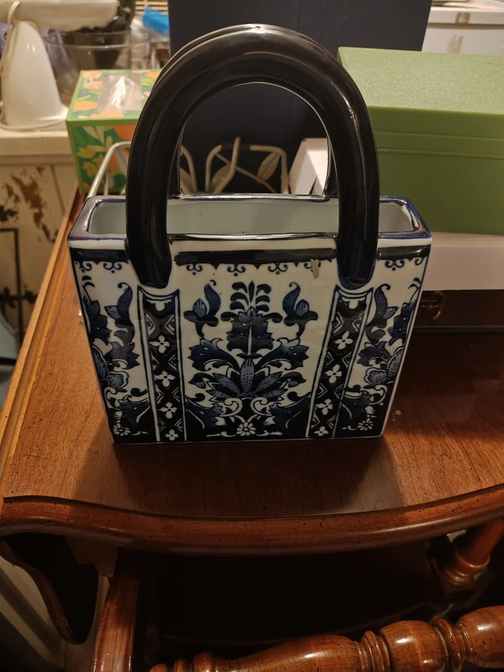 Blue and White Floral Ceramic Tote-Style Vase